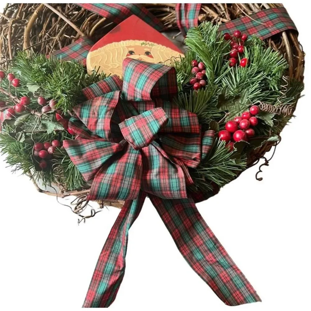 Christmas Holiday Twine Door Wreath Wall Decor Red Green Ribbon Samra Approx 19”
